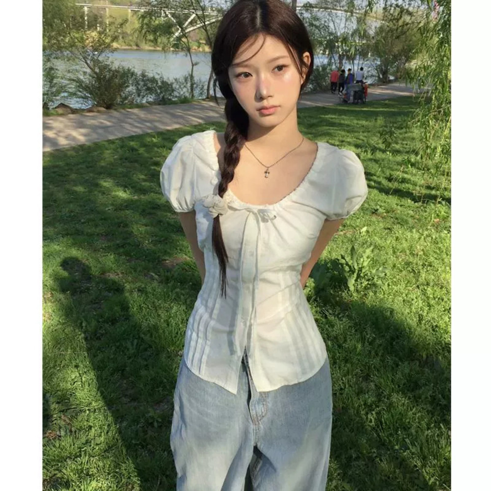 Zara Cotton White Puff Sleeve Tie Waist Cropped Top Summer